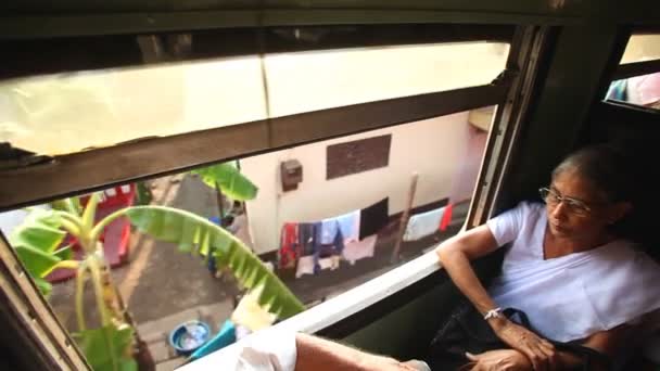 Frau sitzt am Zugfenster — Stockvideo