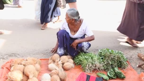 Místní žena sedí a prodej na trhu — Stock video