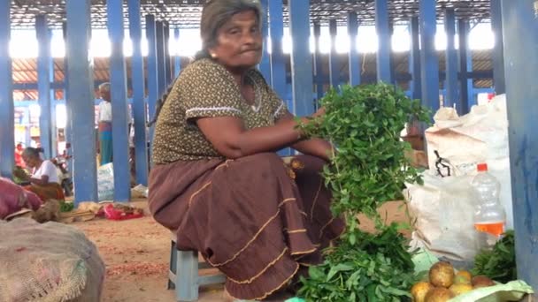 Kvinnan sitter och säljer livsmedel — Stockvideo