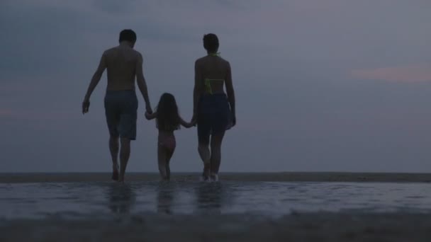 Weergave van paar hand in hand wandelen op het strand met kind — Stockvideo