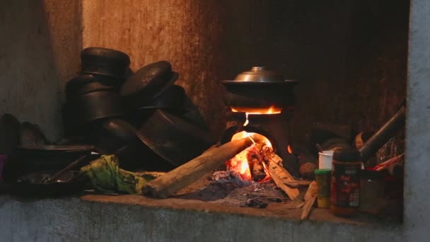 Burning fire heating a pot — Stock Video