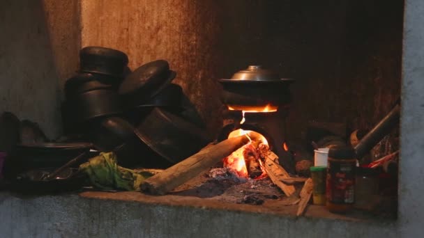 Brandende vuur verwarming een pot — Stockvideo