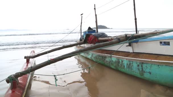 Båt på stranden i Weligama — Stockvideo