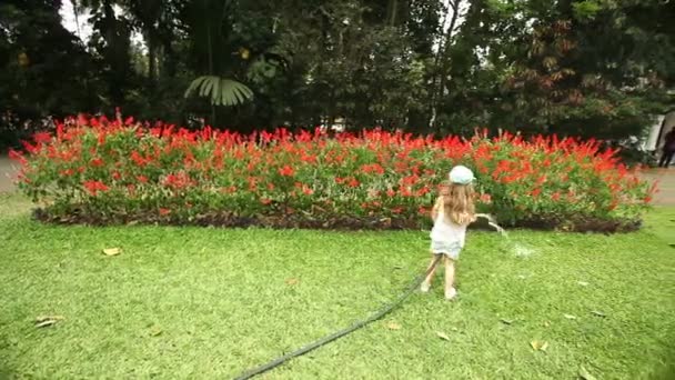 Niña regando flores en el jardín — Vídeo de stock