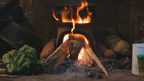 Quemando fuego calentando una olla — Vídeo de stock