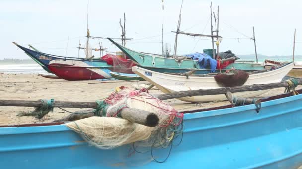 Wooden fishing boats and nets — Stock Video