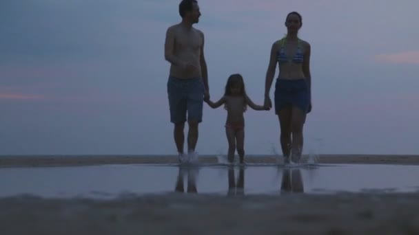 Zicht op koppel wandelen op het strand met kind volgende — Stockvideo