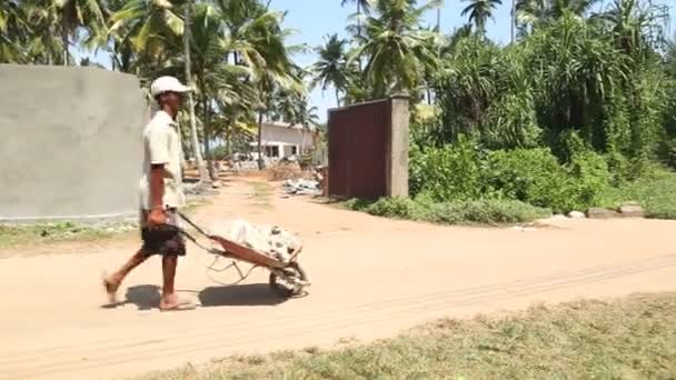 Local construction worker with wheelbarrow on building site. — Stock Video