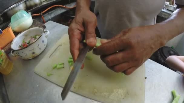 Hombre rebanando verduras . — Vídeos de Stock