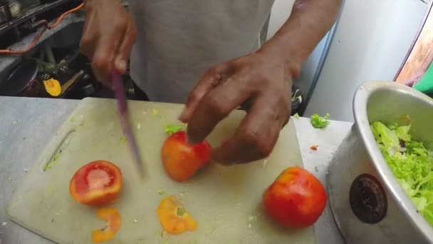 Руки режут помидоры — стоковое видео