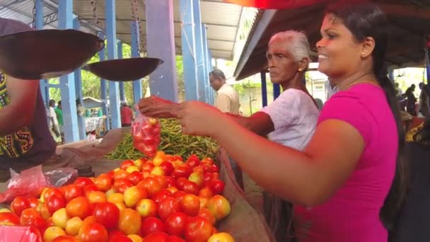 Frau kauft frisches Obst auf dem sri-lankischen Markt beim örtlichen Verkäufer. — Stockvideo