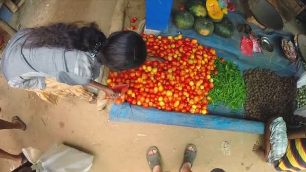 Γυναίκα αγοραστή την επιλογή πολύχρωμο ντομάτες — Αρχείο Βίντεο