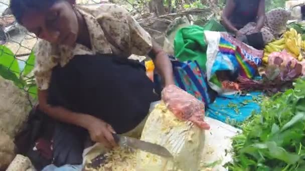 Женщина режет дурианские фрукты большим ножом на воскресном рынке — стоковое видео