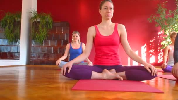 Kauçuk paspaslar üzerinde yoga yaparken kadınlar — Stok video