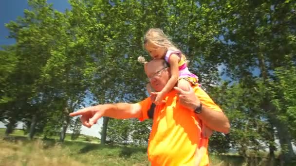 Abuelo llevando a su nieta en hombros — Vídeo de stock