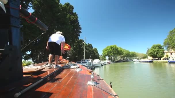 Travelling on a wooden boat — Stock Video