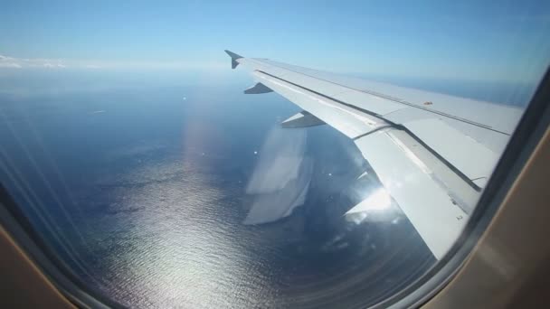 Airplane wing through plane window — Stock Video