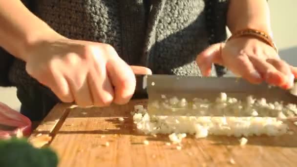 Mãos femininas cortar legumes — Vídeo de Stock