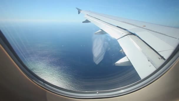 Airplane wing through plane window — Stock Video