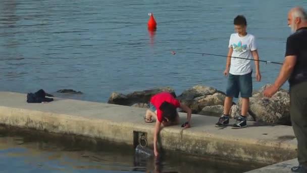 Pesca familiar en el casco antiguo del puerto de Krk — Vídeos de Stock