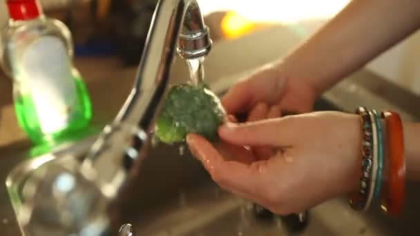 Vrouw wassen broccoli — Stockvideo