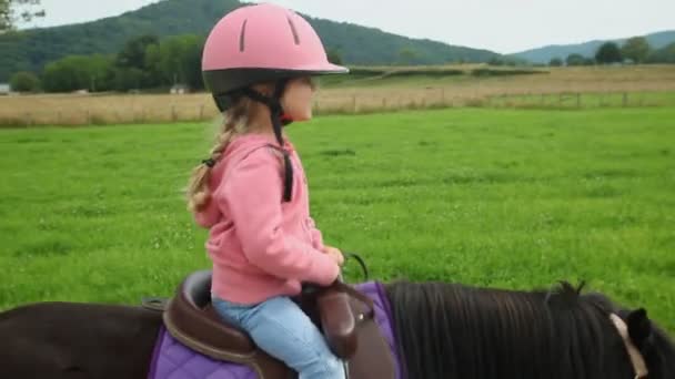 Malá holčička, jízda na poníku v krajině — Stock video