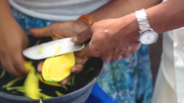 Mujer vendedora rebanando mangos con cuchillo — Vídeos de Stock