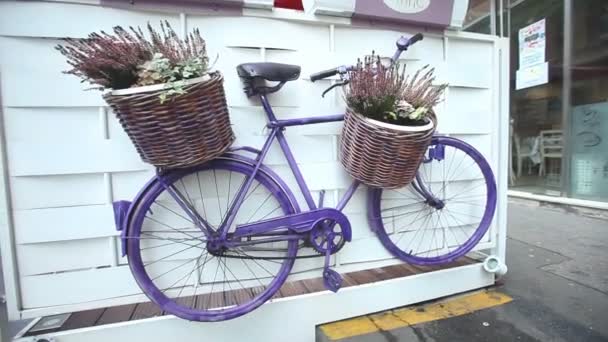 Μωβ ποδήλατο με λουλούδια σε καλάθι — Αρχείο Βίντεο