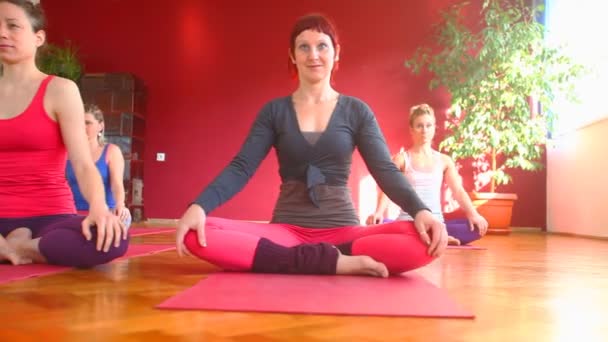 Women doing yoga on rubber mats — Stock Video