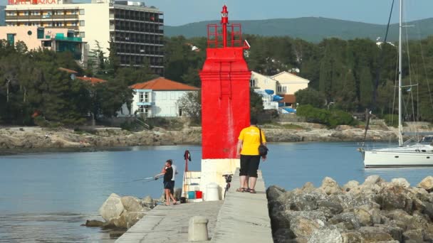 Toeristen lopen op haven muur — Stockvideo