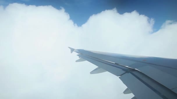 Самолет летит сквозь кучевые облака — стоковое видео