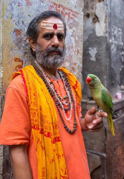 Uomo indiano tiene pappagallo — Foto Stock