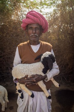 Rabari tribesman holds lamb