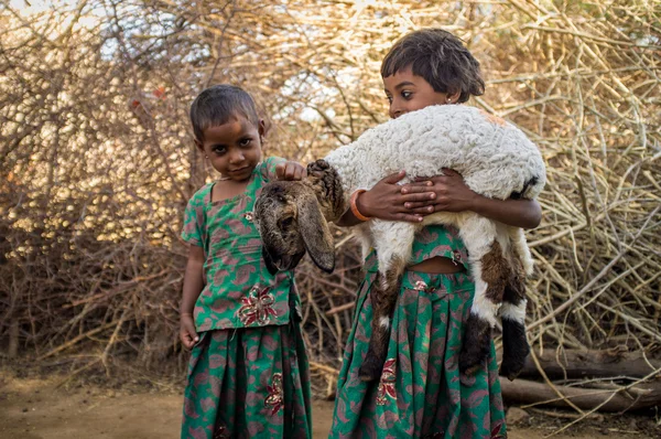 Two little girls holding lamb — Zdjęcie stockowe