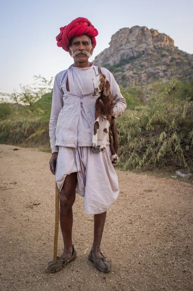 Anciano Rabari tribu sostiene cabra — Foto de Stock