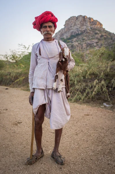 Idosos Rabari tribesman detém cabras — Fotografia de Stock