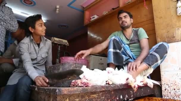 Boy and man working with slaughtered chicken — Stock Video