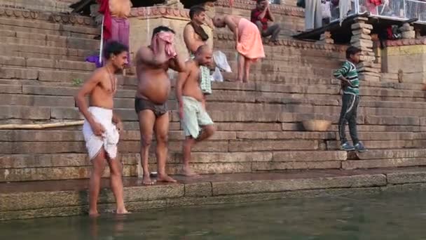 Les hommes se baignent sur les ghats — Video