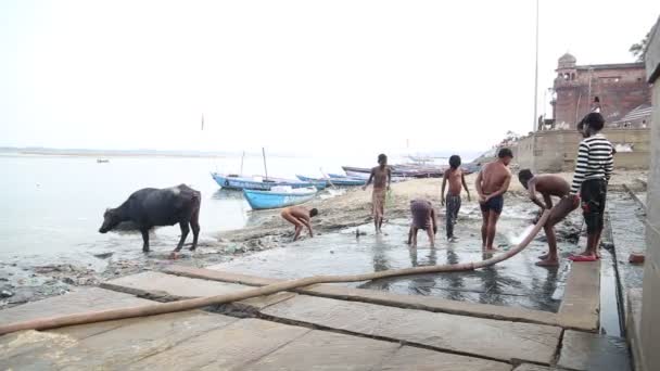 Lavado de hombre con agua de manguera — Vídeos de Stock