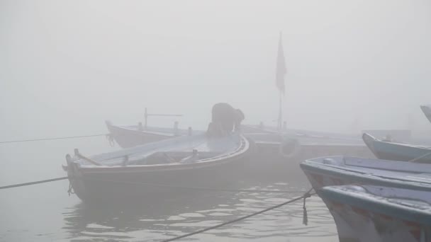 Man parking boat at foggy bay — Stock Video