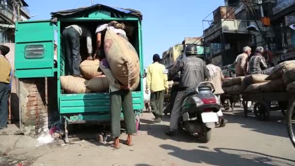 Homens esperando por sacos de carregamento — Vídeo de Stock