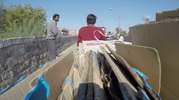 Männer transportieren Pappe — Stockvideo