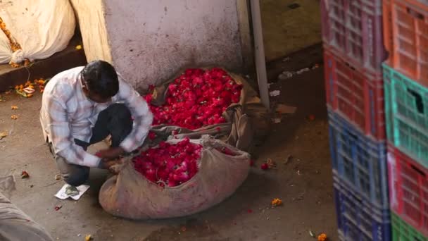 Мужчина берет мешок с цветами — стоковое видео