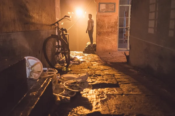 Street with parked bicycle — Stok fotoğraf