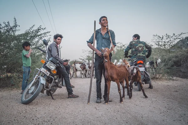 Local shepherds stand on gravel road — Stock Photo, Image