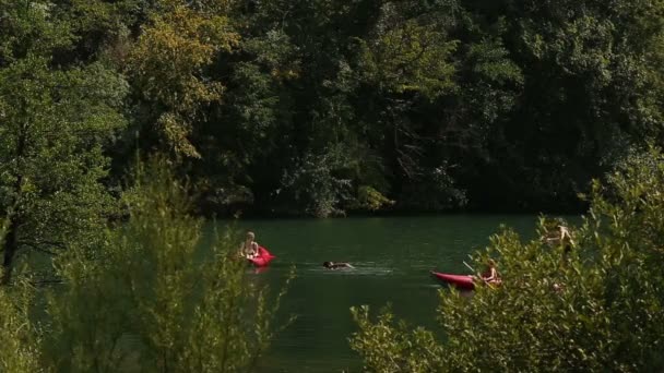 Ενήλικες που έχουν τη διασκέδαση σε ένα κανό — Αρχείο Βίντεο