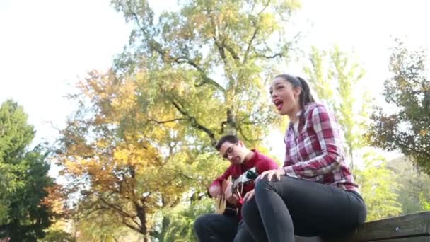 Man gitaarspelen terwijl vrouw zingen — Stockvideo