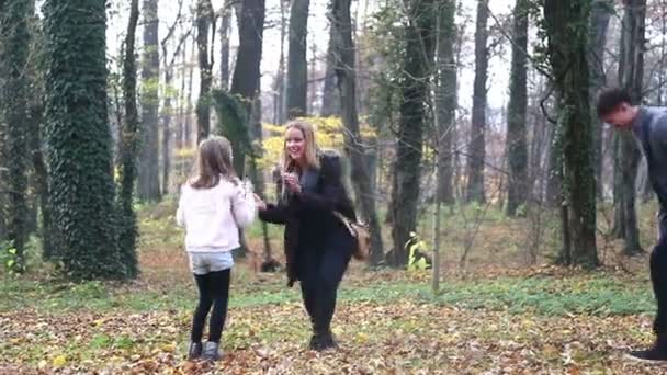 把叶子扔在公园中的家庭 — 图库视频影像