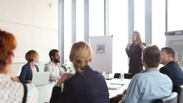 Ділова жінка дає презентацію колегам — стокове відео