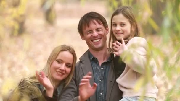 Família sorrindo e acenando no parque — Vídeo de Stock